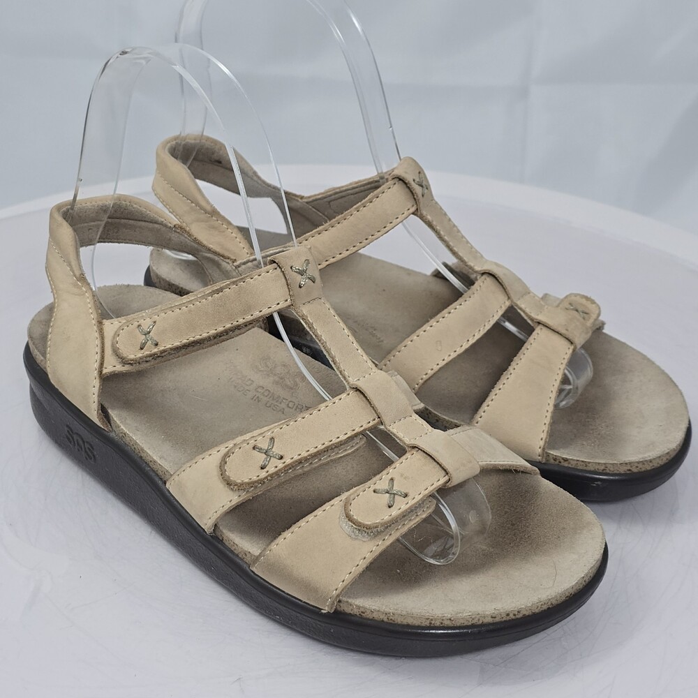 SAS Sorrento Women 5 W/Wide Khaki T Strap Leather Comfort Sandals Strappy/Wedge